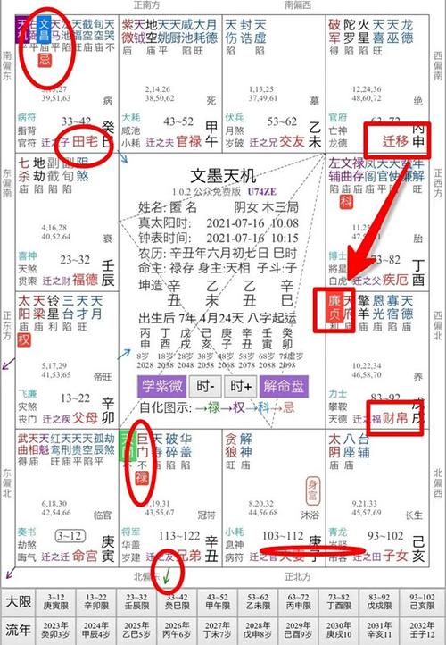 点击紫微斗数本命盘的迁移宫,看飞出的化忌落在哪个宫位,举例:因为